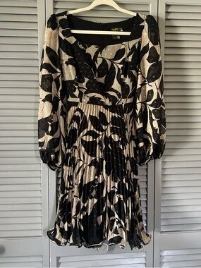 Floral black cream gold mid length flowy dress with adjustable waist